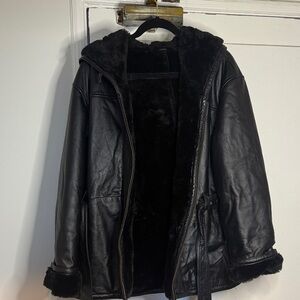Black Faux Shearling Hooded genuine Leather Jacket